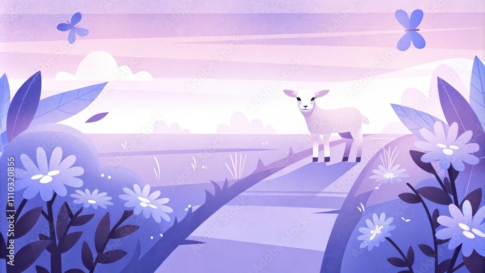 Poster a lamb with a gentle yet resolute expression stands on a pathway lined with vibrant wildflowers. the
