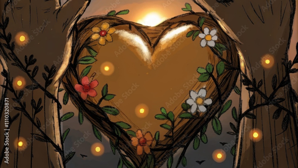 Poster a large heart cradled by hands made of intertwining vines and flowers glows warmly the light pulsing