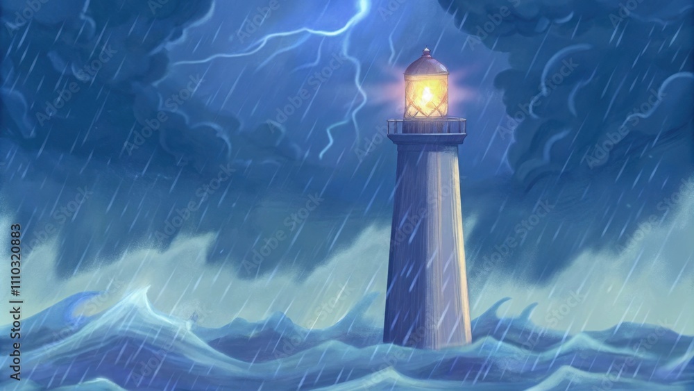 Poster A lighthouselike tower stands defiantly against a backdrop of heavy rain and dark thunderclouds. The light at the top flickers bravely a lone flame in the storms fury. The towering. Cartoon