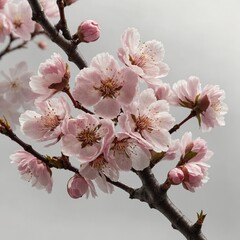 A high-resolution PNG image of a cherry blossom branch featuring delicate pink flowers in full bloom. 