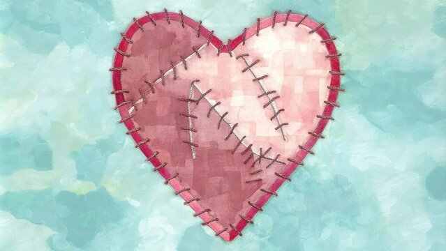 A heart stitched from various pieces of fabric showcasing a patchwork of textures and colors. Some areas are frayed and worn while others are vibrant and intact. The background. Cartoon