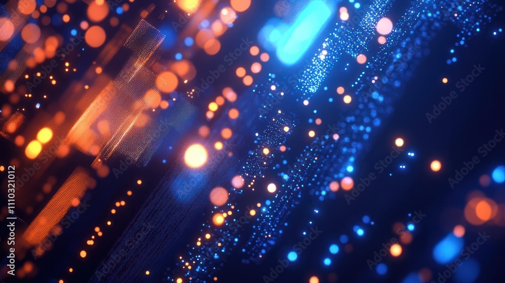 Poster abstract digital visualization of financial data with blue and orange lights. the image features dyn