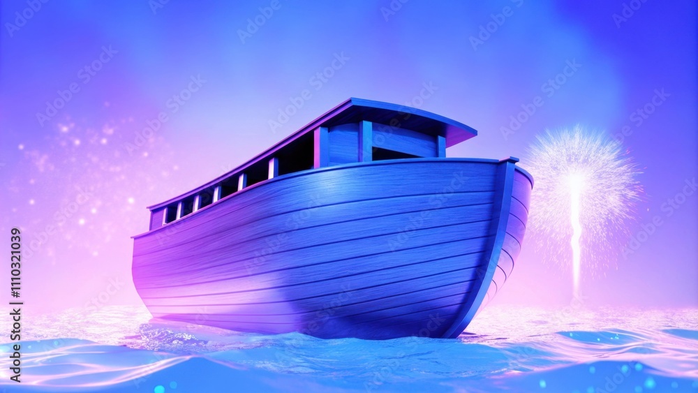 Poster A modern sleek ark with angular lines floats on a sea of electric colorsvivid blues merging with dazzling purples. The waters pulse with rhythmic patterns as abstract shapes. Cartoon