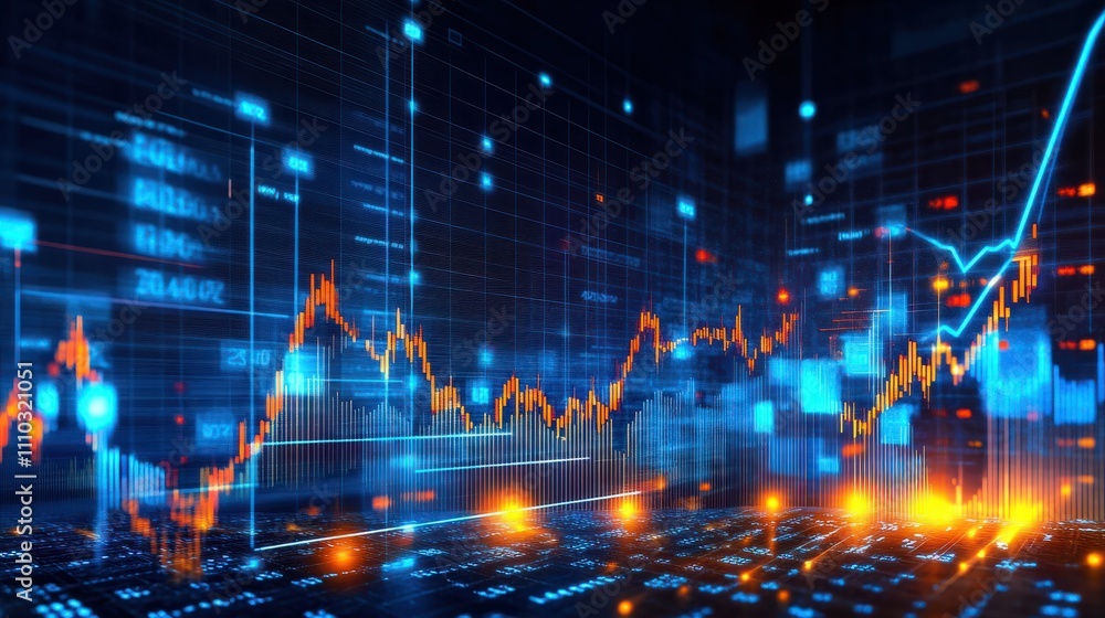 Poster abstract digital visualization of financial data with blue and orange lights. the image features dyn
