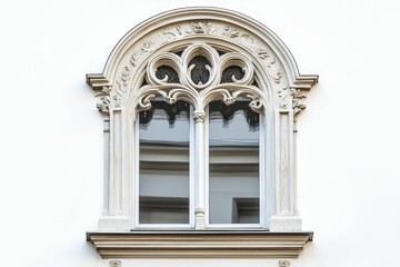 Ornate stone window, arched top, white wall.