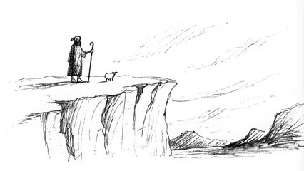 Obraz premium A minimalist black and white sketch captures the moment of discovery the silhouette of the shepherd his staff in hand stands above a steep cliffs ledge spotting the lone sheep. Cartoon
