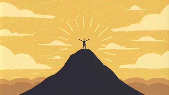 A mountain peak at dawn with a solitary figure standing at the edge arms wide open as though embracing the world. The sun rises behind them casting a golden light that symbolizes. Cartoon