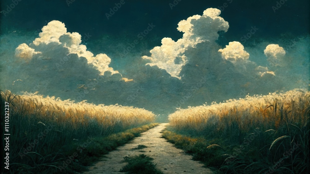 Poster a narrow trail that meanders through tall golden wheat fields gently swaying in the breeze. above fl
