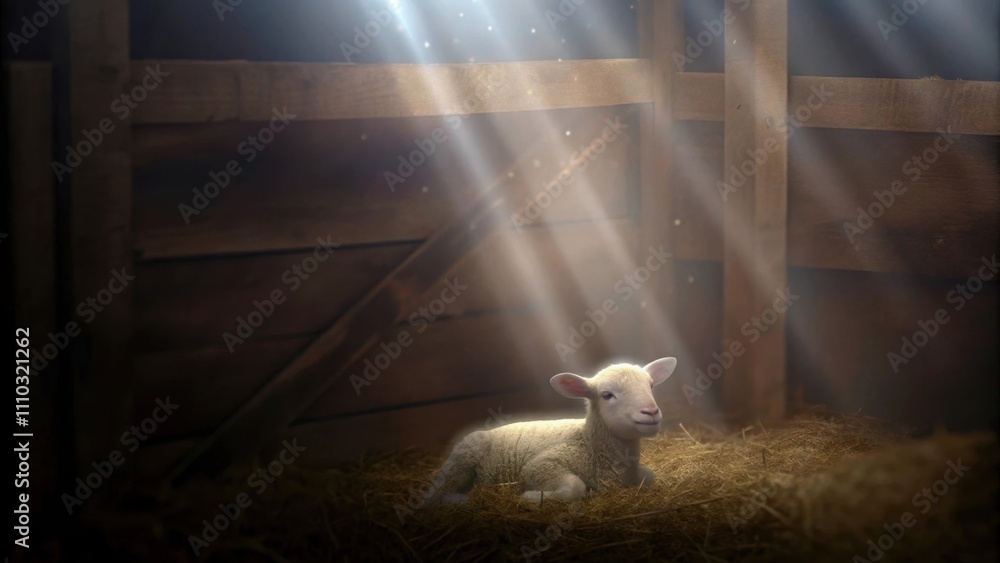 Poster an ethereal scene where a lamb is lying peacefully in a quiet corner of a rustic barn warm beams of 