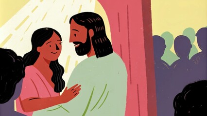 An emotional farewell scene as Jesus prepares to leave the home with the girl now sitting up and joyful hugging her parents. The atmosphere is filled with an overwhelming sense of. Cartoon