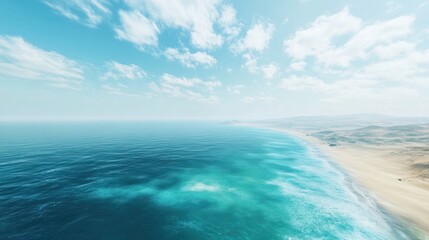 Aerial photo of summer beach and blue ocean with sky.