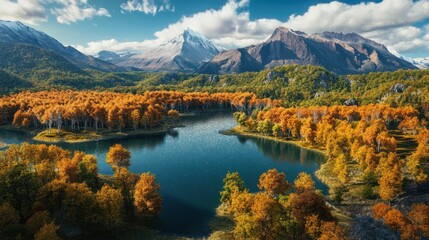 Fototapeta premium Aerial view of Patagonia's vibrant forests and crystal-clear lakes beneath towering mountains