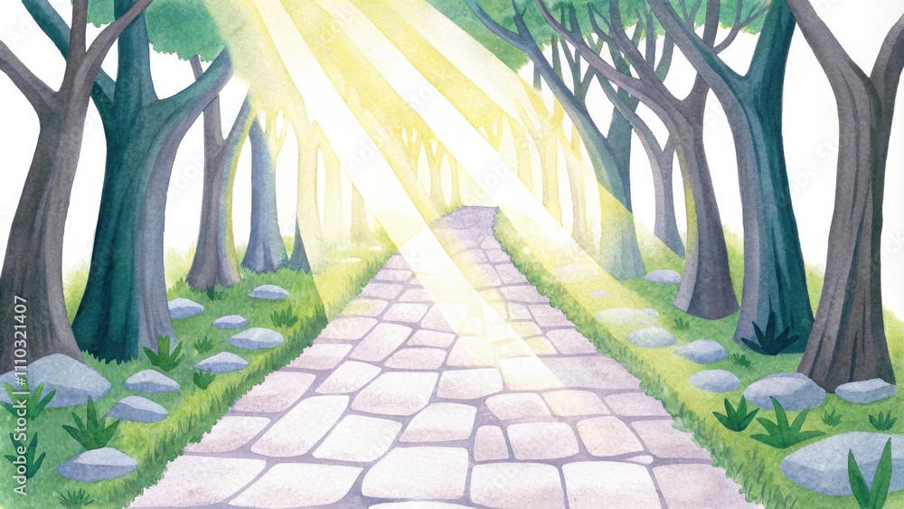 Poster an old stone path leading through an ancient grove with rays of sunlight filtering through thick bra