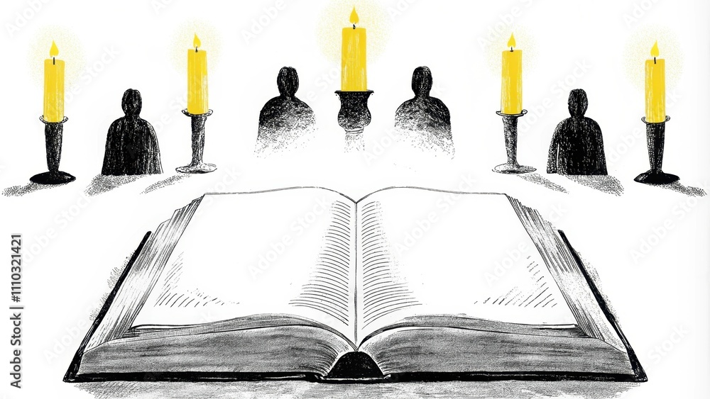 Poster an open book resting on an altar surrounded by flickering candles that cast a golden glow. shadowy f