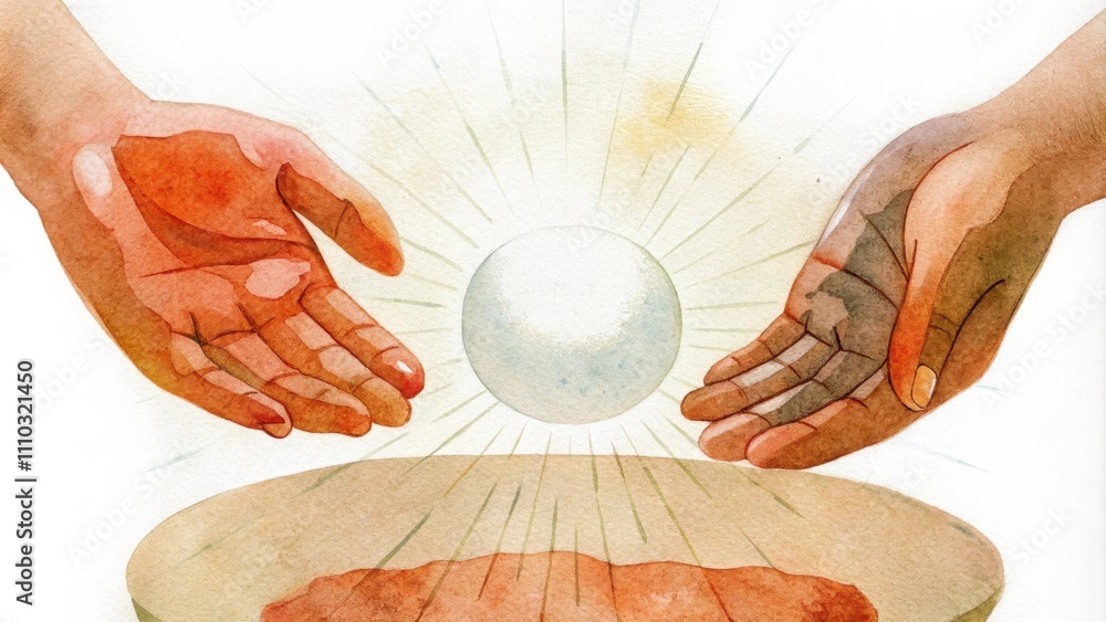 Poster A pair of hands covered in clay from pottery are upturned towards a glowing orb of light suspended in the air blending the earthly element of the clay with the above light. The. Cartoon