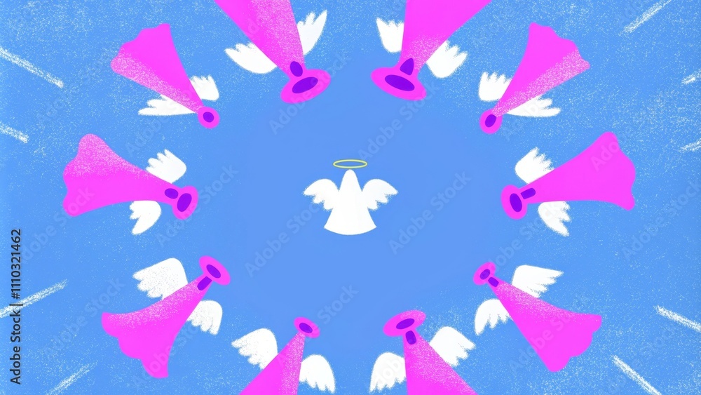 Poster A panoramic view reveals a large group of angels their wings spread wide and luminescent creating a gentle breeze that rustles the clouds. They are gathered in a circular formation. Cartoon