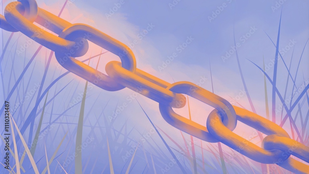 Poster a panoramic view of a broken chain lying in a field of tall grass with a blue sky overhead. the brok