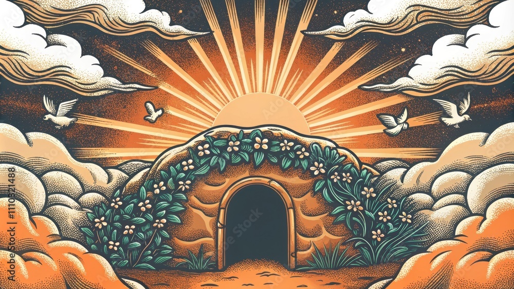 Aufkleber a panoramic view of the empty tomb is set against a dramatic sky where clouds gently part to reveal 