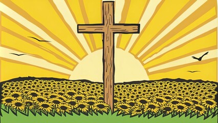 An open field with a sunrise illuminating a wooden cross that stands tall amidst blooming sunflowers their faces turned toward the light. The cross is surrounded by a patchwork of. Cartoon