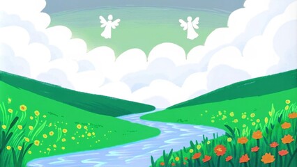 Obraz premium A panoramic view captures the entire landscape with the Jordan River winding through a verdant valley dotted with vibrant wildflowers. Angels appear in the clouds above their. Cartoon