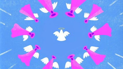 A panoramic view reveals a large group of angels their wings spread wide and luminescent creating a gentle breeze that rustles the clouds. They are gathered in a circular formation. Cartoon