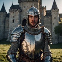 A medieval knight in shining armor, standing tall with a majestic castle in the background.