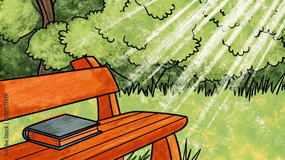 Poster a rustic wooden bench in a sundappled forest clearing holds a bible resting on it. sunlight filters 