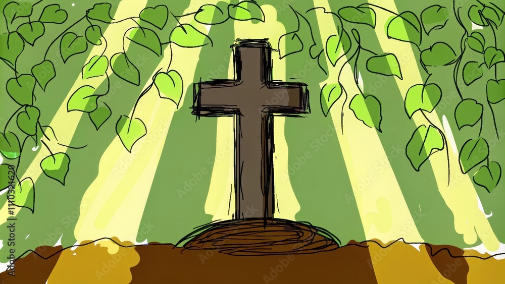 Poster A rustic metal cross rises from a patch of rich soil its dark surface almost obscured by lush ivy that climbs and weaves around it. Sunlight filters through the leaves above. Cartoon