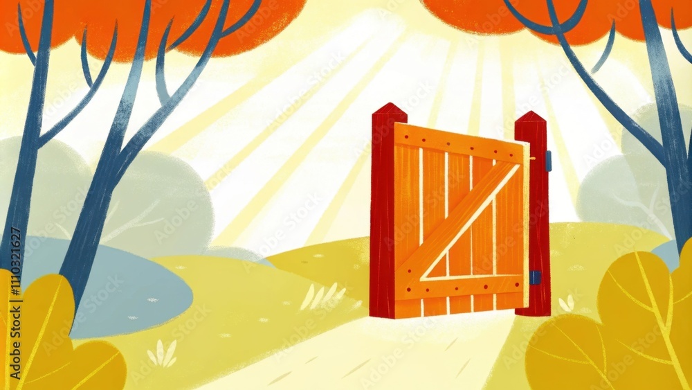 Poster a rustic wooden gate weathered by time stands amidst a lush green landscape. the gate ly opens to a 