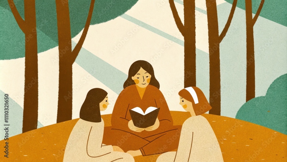 Poster A secluded grove lush with trees where a caring figure shares sacred teachings with two attentive women. The dappled sunlight filters through the leaves casting playful shadows as. Cartoon