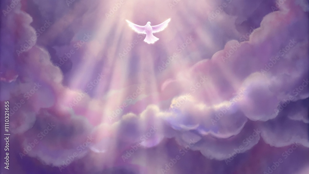 Poster A serene image shows a dove soaring through a tapestry of soft billowing clouds. The clouds have hues of lavender and pink creating a dreamlike quality while beams of light stream. Cartoon