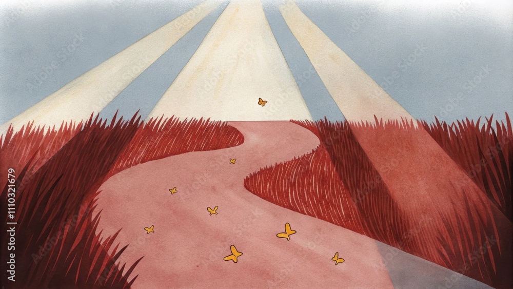 Poster a serene golden path meanders through a field of soft whispering grasses under a clear blue sky. sof