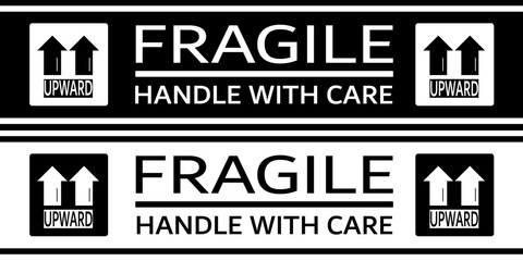 Sticker Fragile handle with care, warning label and poster for delivery service. Package icons set. Vector