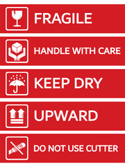 Naklejka premium Sticker Fragile handle with care, warning label and poster for delivery service. Package icons set. Vector