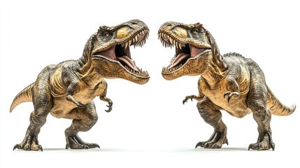 Fototapeta premium Two Tyrannosaurus Rex dinosaurs facing each other, isolated on white background.