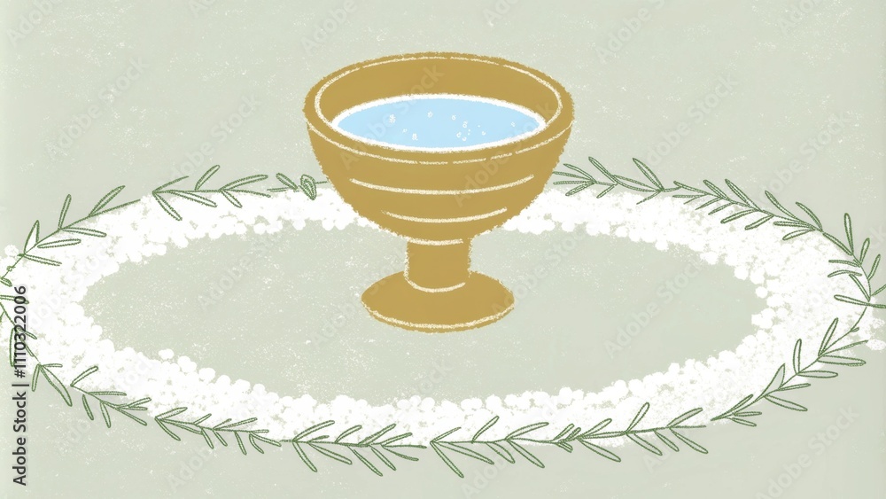 Poster A simple clay chalice sits in the center of a sacred circle of salt. Its overflowing with a clear shimmering liquid that catches the light casting small rainbows. Fresh herbs. Cartoon