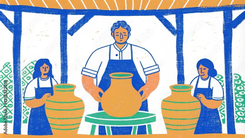 Poster A skilled artisan stands at a potters wheel shaping clay into vessels that symbolize abundance and sustenance for the rebuilding efforts. Surrounding him are supportive hands ready. Cartoon
