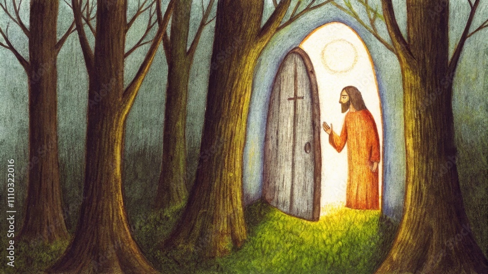 Poster a small weathered door in the forest is surrounded by tall trees and a carpet of soft moss. jesus ap