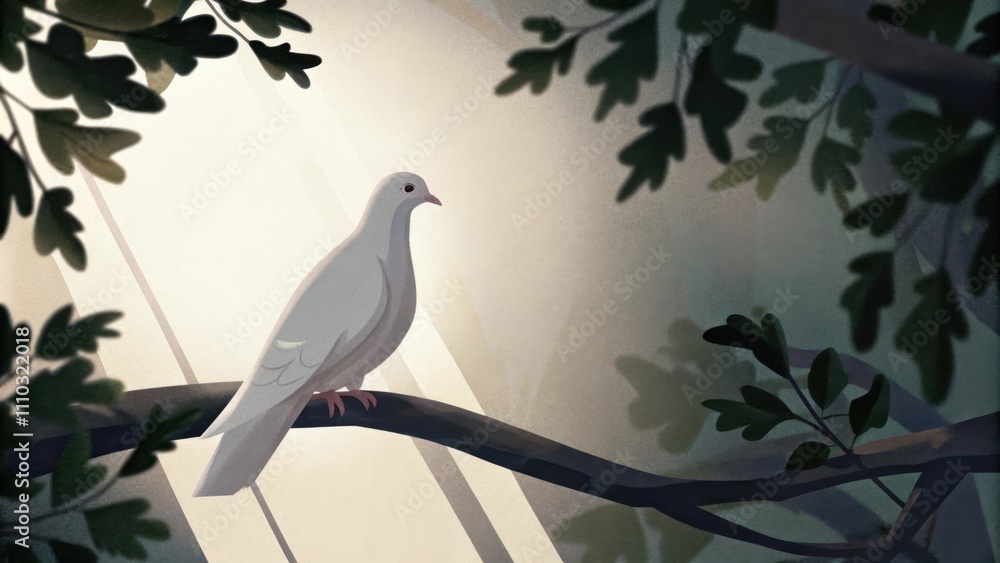 Poster A snowy white dove stands poised on a slender oak branch framed by delicate leaves that sway gently in a soft breeze. The birds feathers shimmer in the sunlight highlighting its. Cartoon