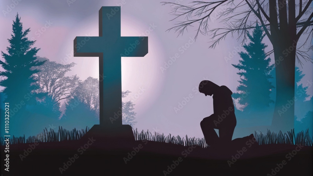 Poster A solitary figure in silhouette is seen kneeling on a grassy knoll with an imposing stone cross rising majestically behind them. Soft rays of morning light filter through trees. Cartoon