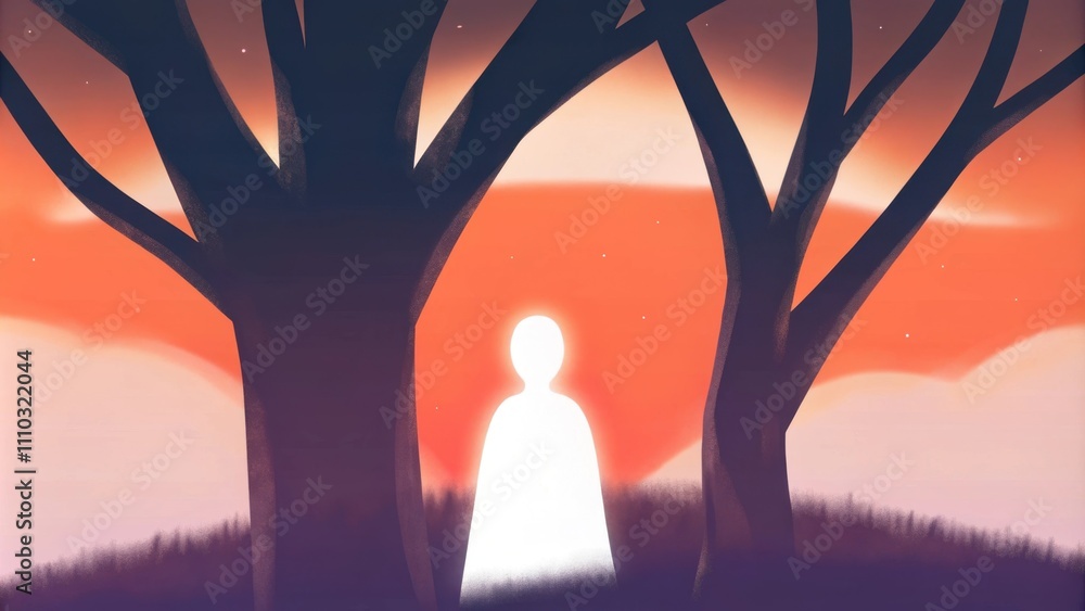 Poster a solemn figure in twilight stands under an ancient tree with a halo of soft lavender light illumina