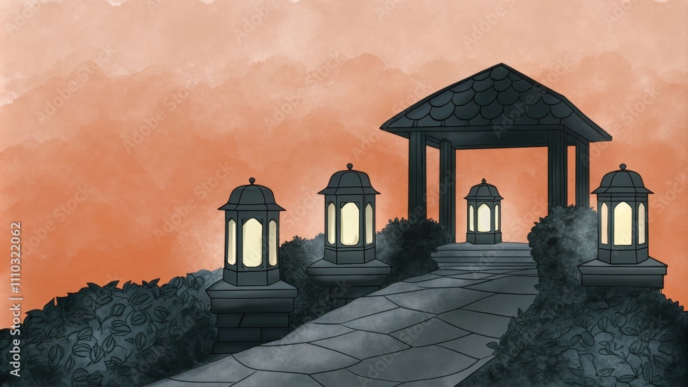 Poster A stone pathway leading to a small thatchedroof sanctuary is softly illuminated by a row of lanterns of varying sizes. Each lantern adorned with ivy emanates a soft yellow light. Cartoon