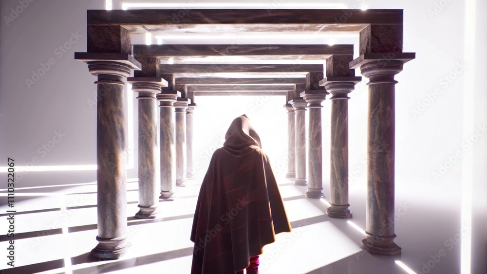 Poster A striking image of a figure walking ast stone arches of an ancient garden heavy robes flowing elegantly. Light dances off the rough surfaces creating patterns of shadow and light.. Cartoon