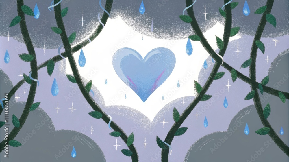 Poster A surreal dreamscape features a floating heart surrounded by t vines that securely wrap around it. The heart radiates a soft blue light that illuminates the surrounding mist while. Cartoon
