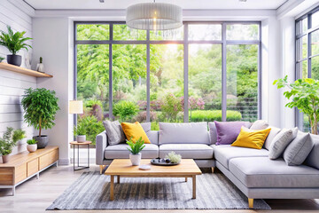 Fototapeta premium Sunlit living room with L-shaped sofa, large windows, plants, and wooden furniture.