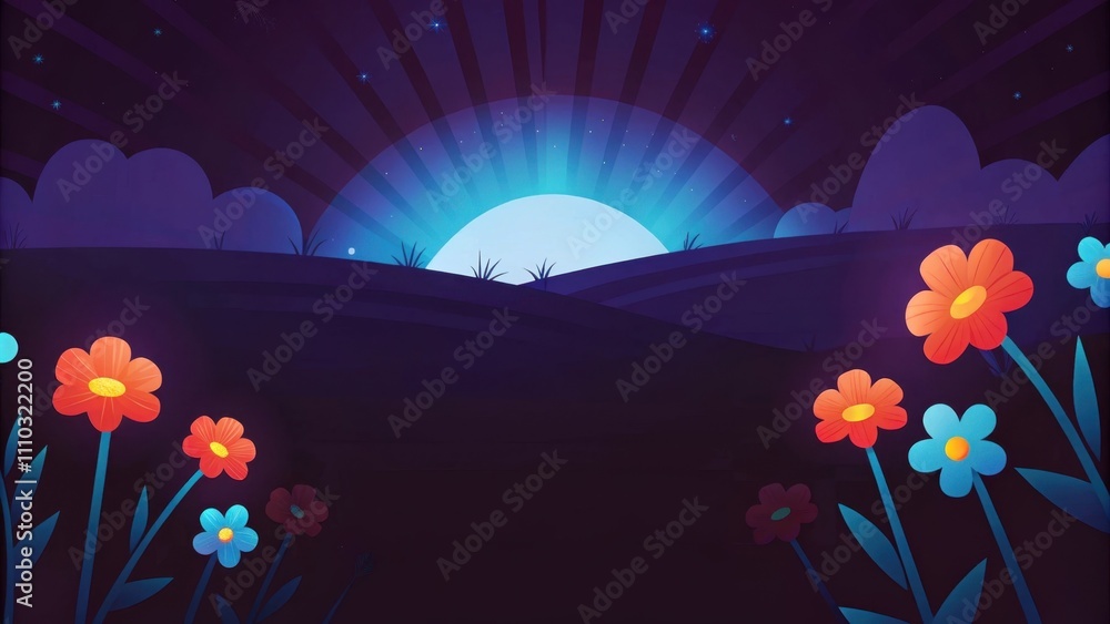 Poster a tranquil meadow filled with vibrant wildflowers basking in the light of dawn. sunbeams burst forth