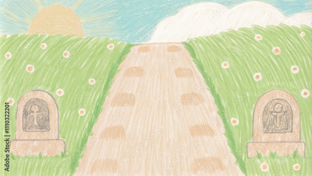 Poster a tranquil path lined with stones etched with prayers surrounded by lush green fields under an expan