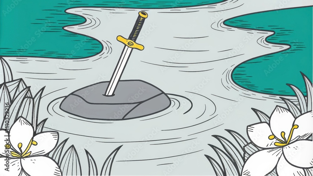 Poster a tranquil river flowing gently with a sword resting on a smooth stone by the waters edge. the blade