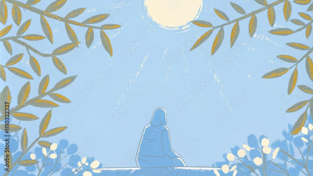 Poster a tranquil scene with a clear blue sky at dawn sun rays filtering through the olive leaves and casti