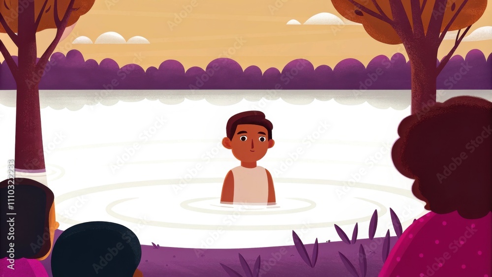 Poster at the edge of a tranquil lake a figure wades into the shallow water his reflection shimmering in th